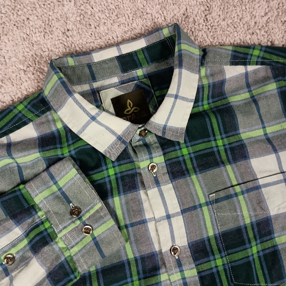 Prana Large‎ Green Flannel Long Sleeve Mens Shirt
